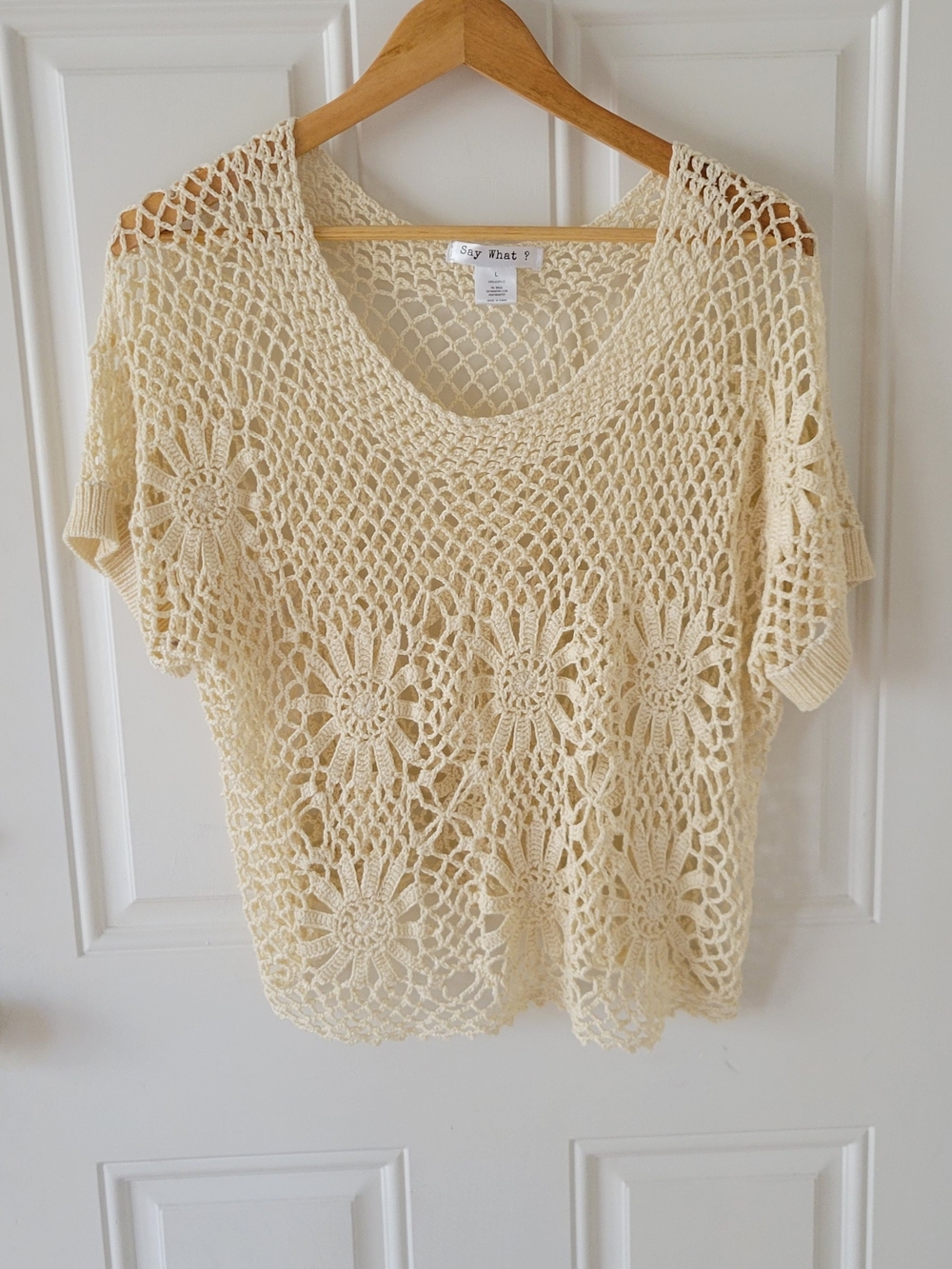 Say What? Cream Open-Knit Crochet Floral Short Sleeve Top